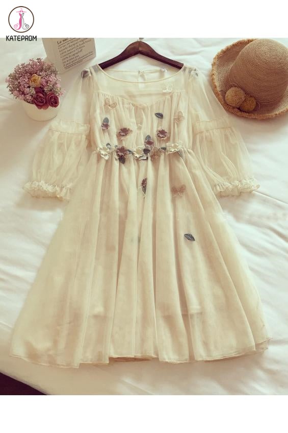 Beige 3/4 Sleeve Knee Length Prom Dress with Flowers, Sweet Homecoming Dresses KPH0457