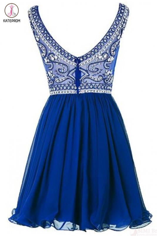 A Line Royal Blue Beading Bodice Knee Length Chiffon Homecoming Dresses KPH0447