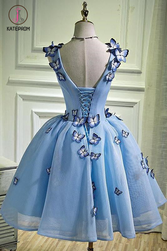 A Line Sky Blue V Neck Sleeveless Junior Homecoming Dress with Butterfly Flowers KPH0352