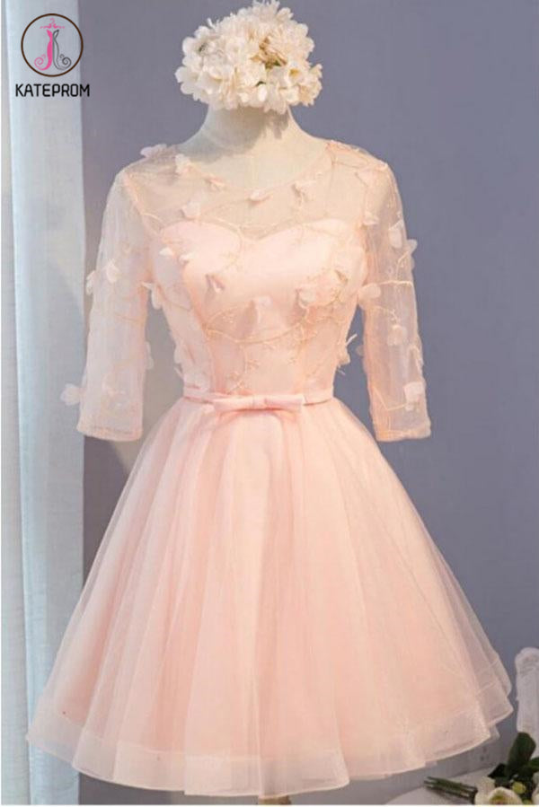 A Line Half Sleeves Knee Length Tulle Prom Dress with Flowers, Short Prom Dresses KPH0420