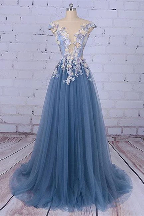 Chic A line Bateau Blue Applique Modest Long Prom Dress Evening Dress KPP1364