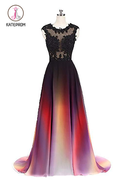 Gradient Sleeveless Ombre Prom Dress, A Line Gradient Lace Appliques Party Dress KPP0876
