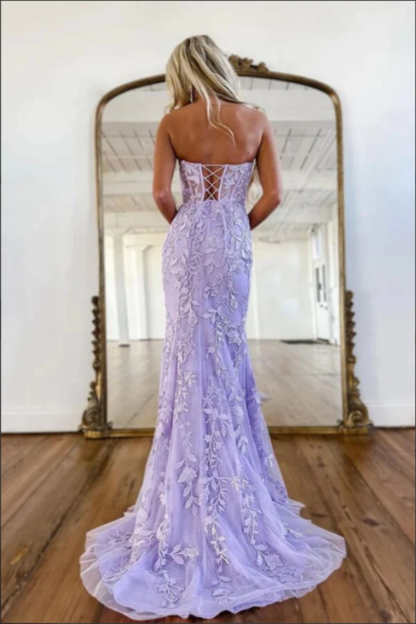 Purple Tulle Mermaid Sweetheart Neck Lace Appliques Long Prom Dress KPP1698