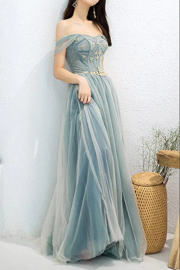 Dusty Blue Tulle Beaded Off the Shoulder Long Prom Dresses, Formal Dress KPP1548