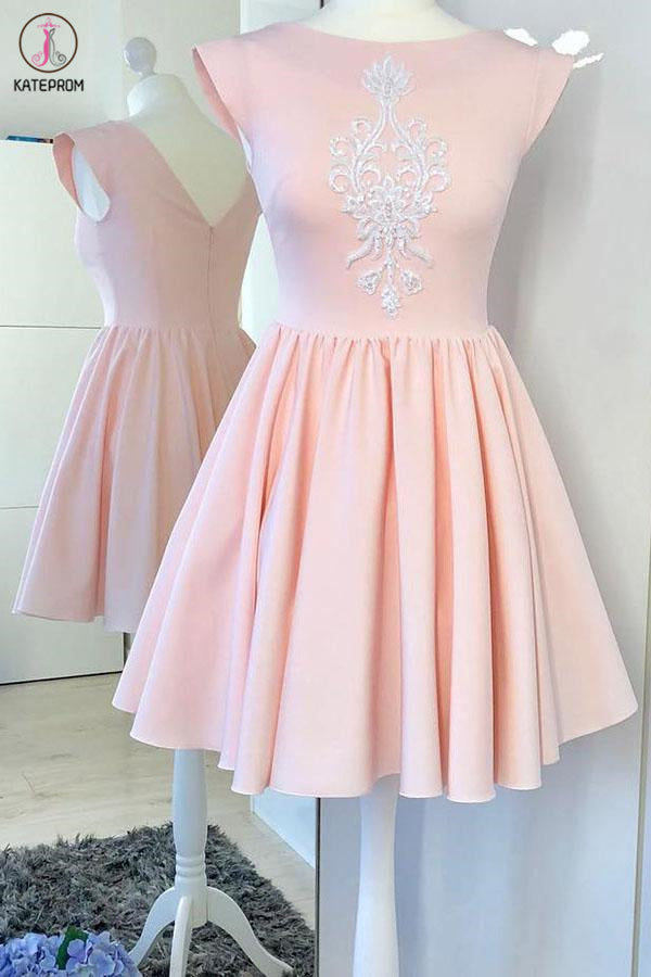 Mini Pink Cap Sleeve Satin Prom Dress with Appliques, A Line Ruched Homecoming Dress KPH0480