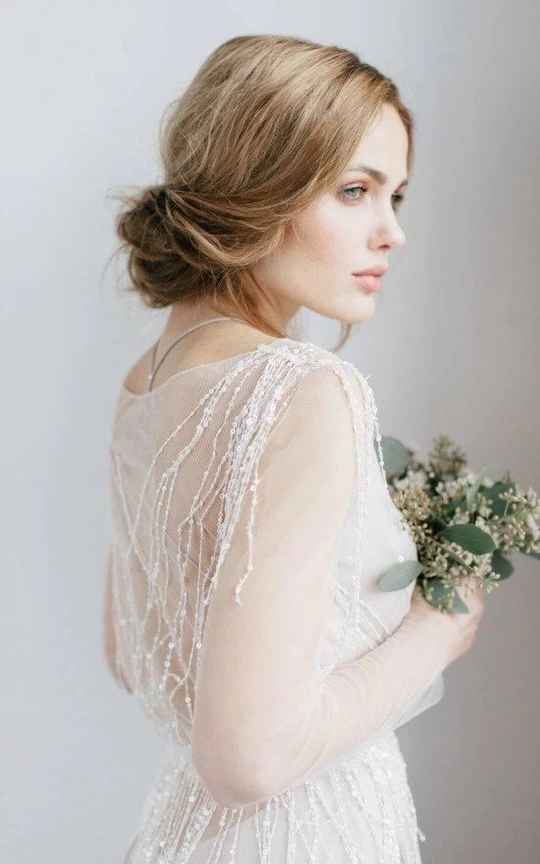 Long Sleeve V Neck Illusion Tulle Weddig Dress With Beading KPW0641