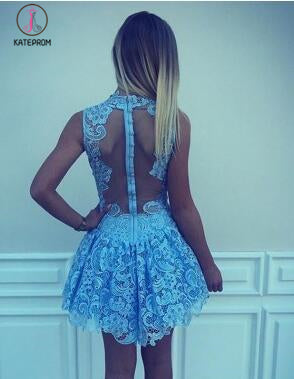 Chic A-line High Neck Light Blue Sleeveless Lace Short Homecoming Dress,Mini Party Dress KPH0273