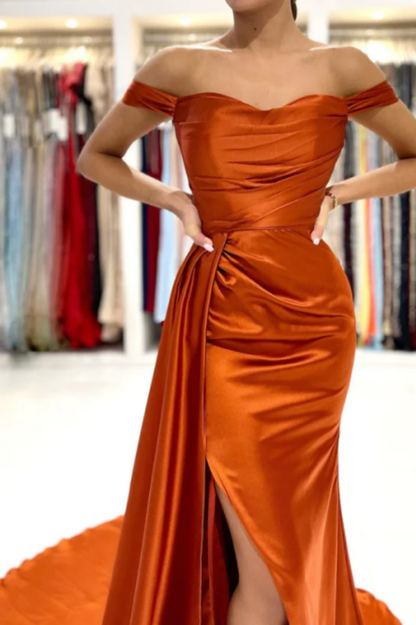Rust Off the Shoulder Evening Dress Mermaid Satin Prom Dress with Flap KPP1662