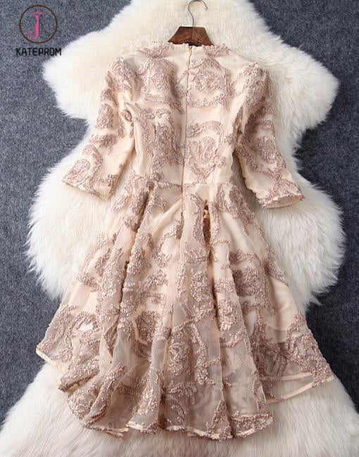 Fashion High-low Round Neck Lace Short Prom Dress with Sleeves for Teens KPH0278