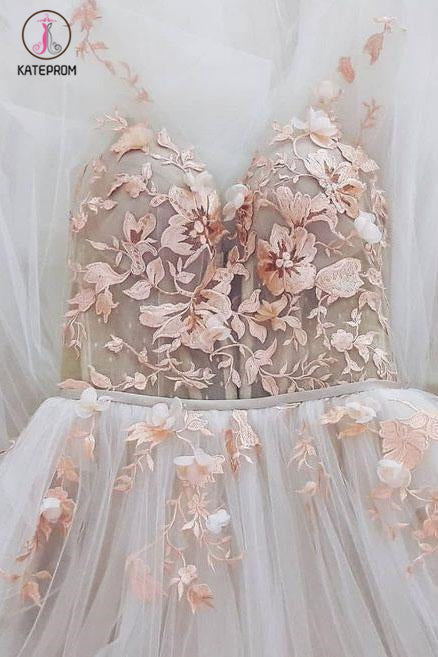 Elegant Appliques Ivory Tulle Floor Length Prom Dress, V neck Long Evening Party Gowns KPP1104