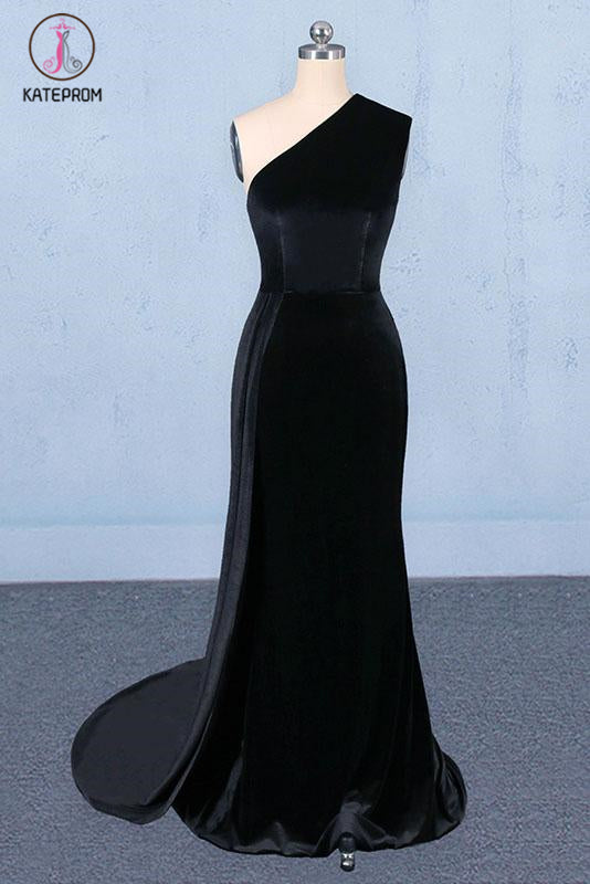 Black One Shoulder Mermaid Long Evening Dress, Unique Black Prom Dresses KPP1081