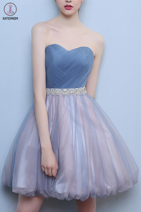 Princess Steel Blue Sweetheart Tulle Short Homecoming Dress, Cute Prom Dress with Beads KPH0456