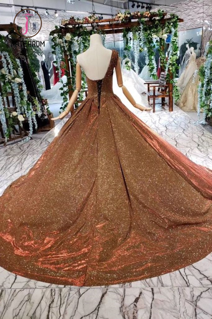 Big Prom Dresses One Shoulder Lace Up Back Sequins Beads Quinceanera Dresses KPP0909