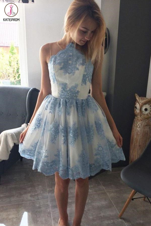 Blue Lace Appliqued Mini Homecoming Dress, A Line Sleeveless Tulle Short Prom Dress KPH0451