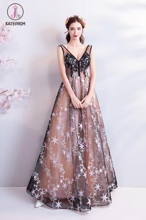 Charming Floor Length Sleeveless Prom Dress with Stars, A Line Appliques Evening Dress KPP1067