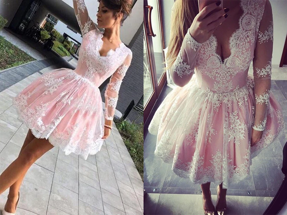 Cute A line Long Sleeves Pink Short Lace Appliques V Neck Homecoming Dress KPH0570