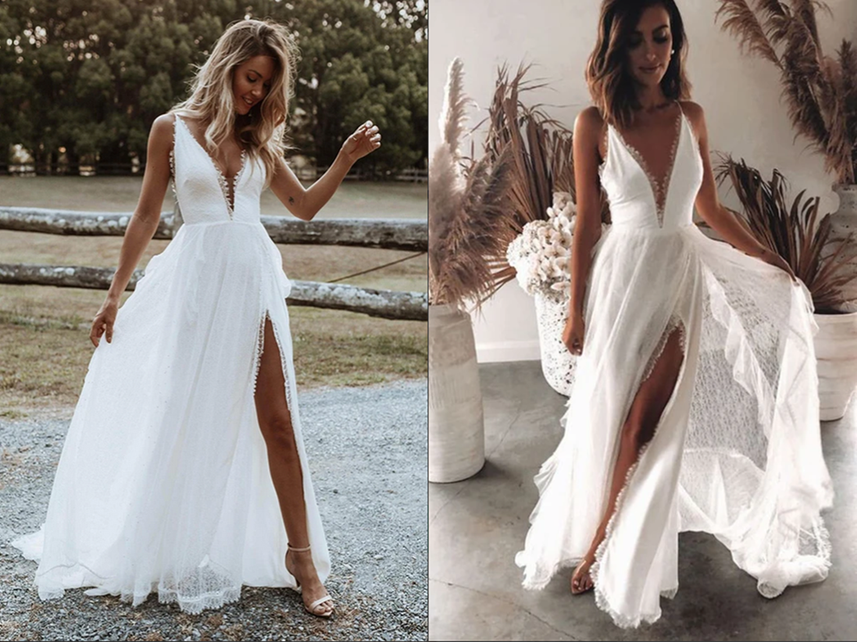 Boho Chiffon A line V neck Lace Spaghetti Straps Beach Wedding Dresses KPW0668