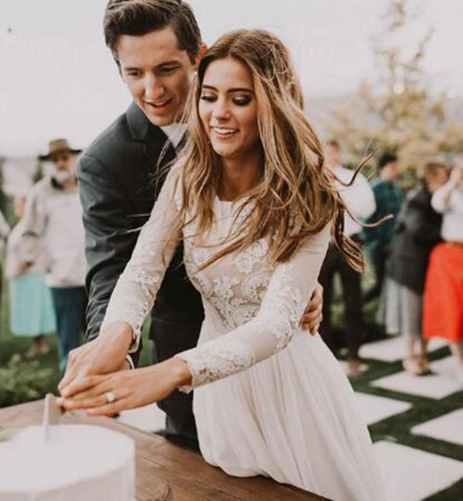 Vintage Long Sleeve Ivory Lace Chiffon Scoop Wedding Dresses Country Wedding Gowns KPW0693