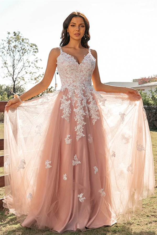 Chic A line Spaghetti Straps V neck Tulle Long Lace Prom Dress Applique Evening Dress KPP1577
