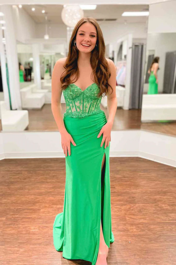 Strapless Mermaid Green Lace Long Prom Dress with High Slit, Mermaid Green Formal Dress KPP1722
