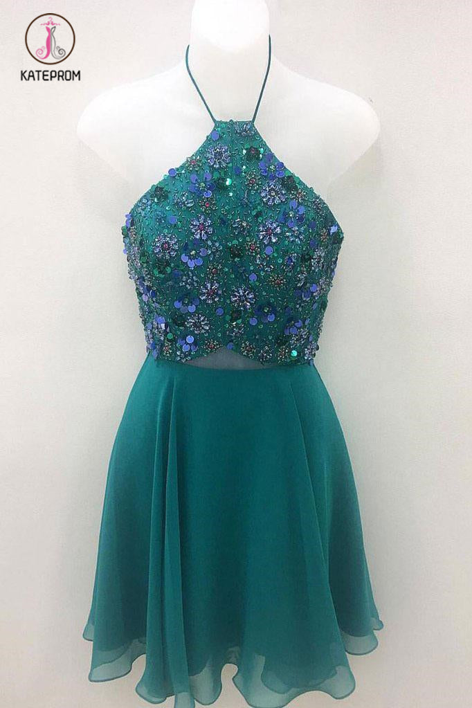 Green Halter Chiffon Short Beading Homecoming Dress, Mini Cute Prom Dresses KPH0342