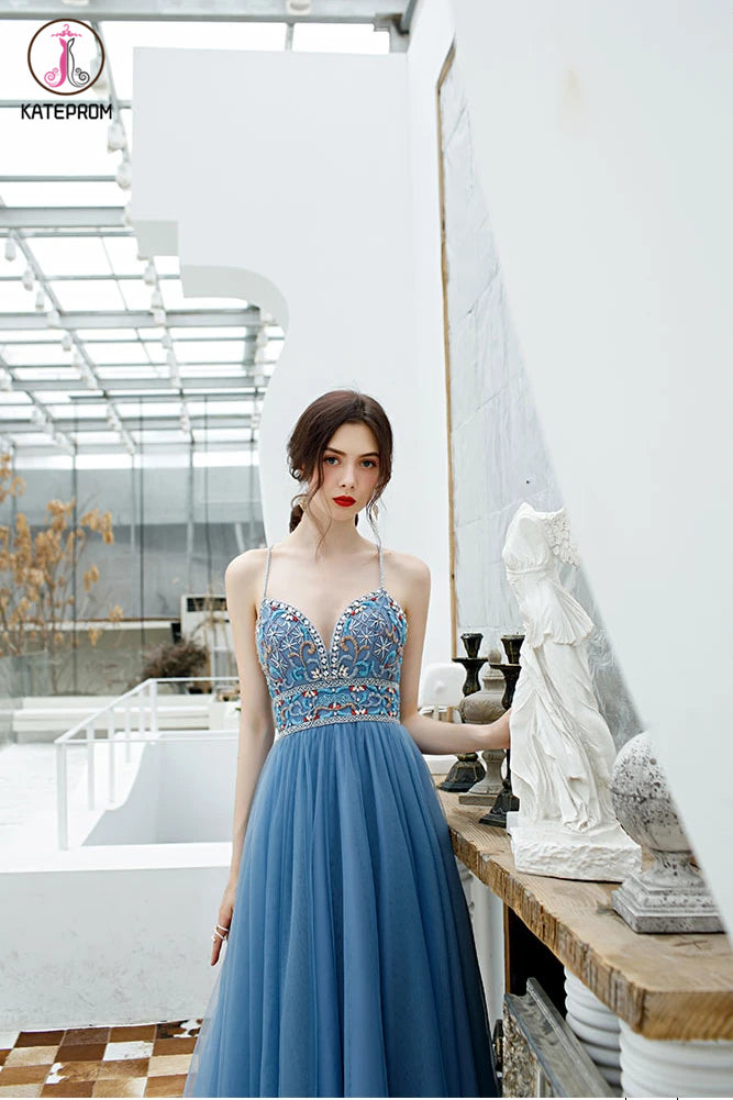 Sexy Spaghetti Straps Long Tulle Prom Gown, Unique Beading Prom Dress KPP1297