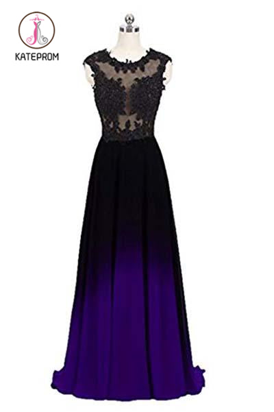 Black and Purple Sleeveless Ombre Prom Dresses, A Line Lace Appliques Evening Dresses KPP0873