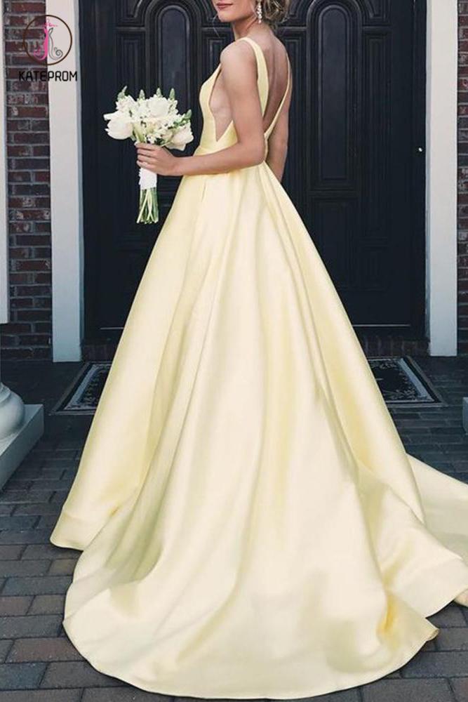 Elegant A Line Yellow V Neck Party Gown Senior Girls Prom Long Dresses with V Back KPP0646