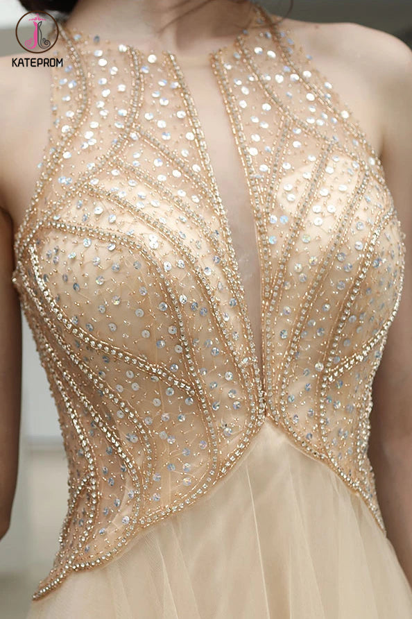 Elegant Sleeveless Tulle Prom Dress with Sequins, Floor Length Open Back Evening Dress KPP1294