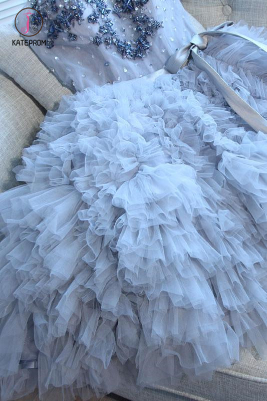 Lavender Sweetheart Beading Tulle Short Homecoming Dress with Ruffles, Unique Tulle Dress KPH0330