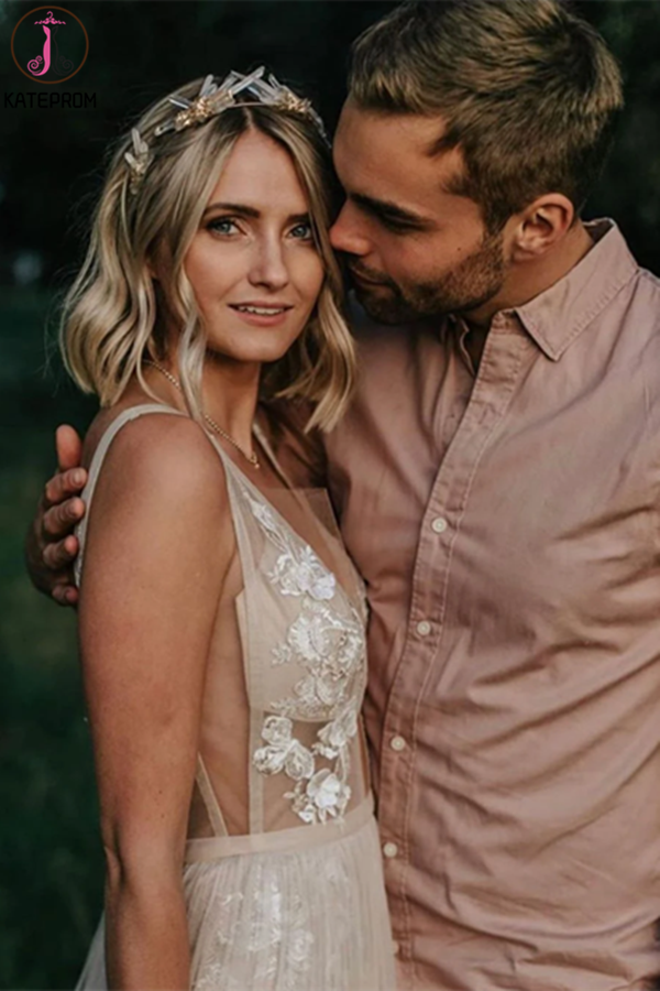 Attractive V neck Appliques A Line Rustic Backless Wedding Dress KPW0628