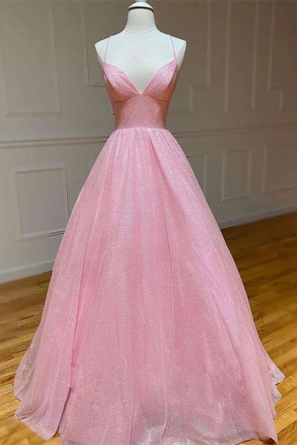 Chic A line Spaghetti Straps Sparkly Prom Dress Tulle Evening Dress KPP1475