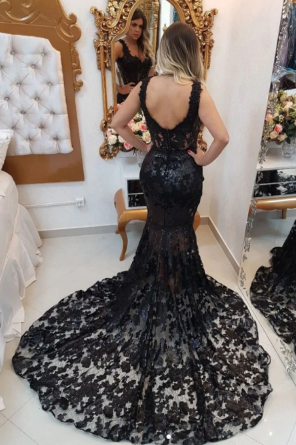 Black v neck lace mermaid long prom dress, black evening dresses KPP1648