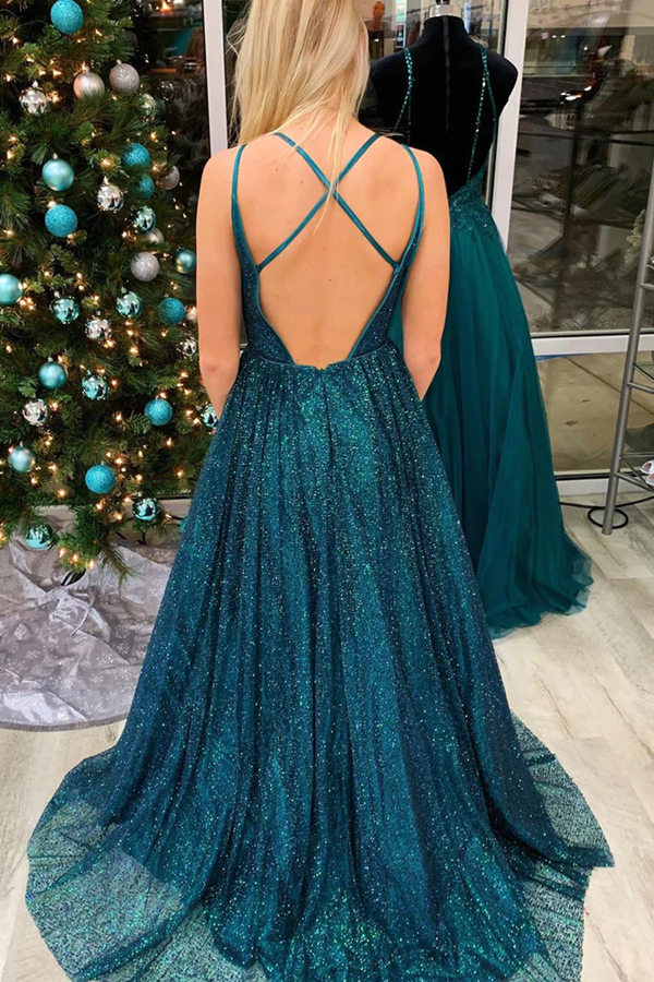 Glitter A Line Teal Long Prom Dress with Spaghetti Straps KPP1583