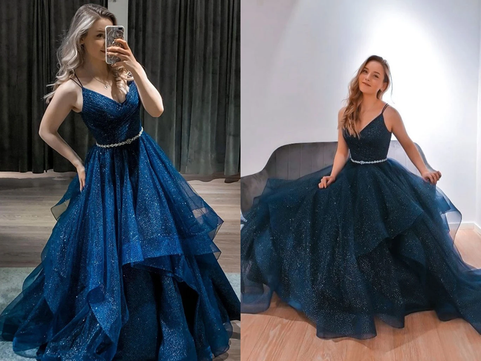 Shiny V Neck Dark Blue Long Prom Dress with Belt, Fluffy Blue Formal Evening Dress, Sparkly Blue Ball Gown KPP1406