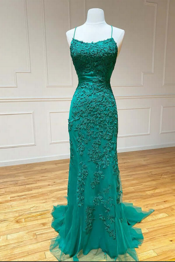 Green Lace Mermaid Backless Spaghetti Straps Prom Dresses, Evening Gown KPP1634