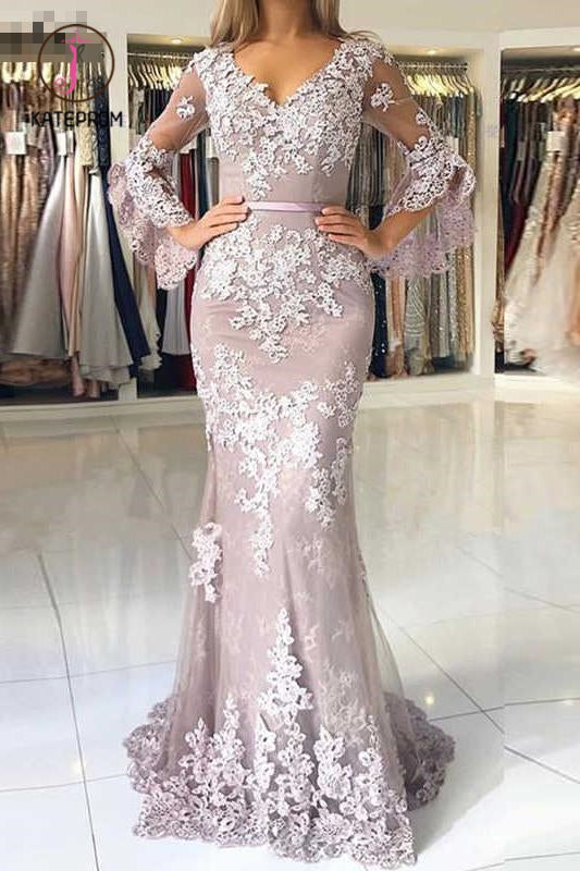 Charming V Neck Long Prom Dress, Mermaid Lace Appliqued Evening Dress with Sleeves KPP0961