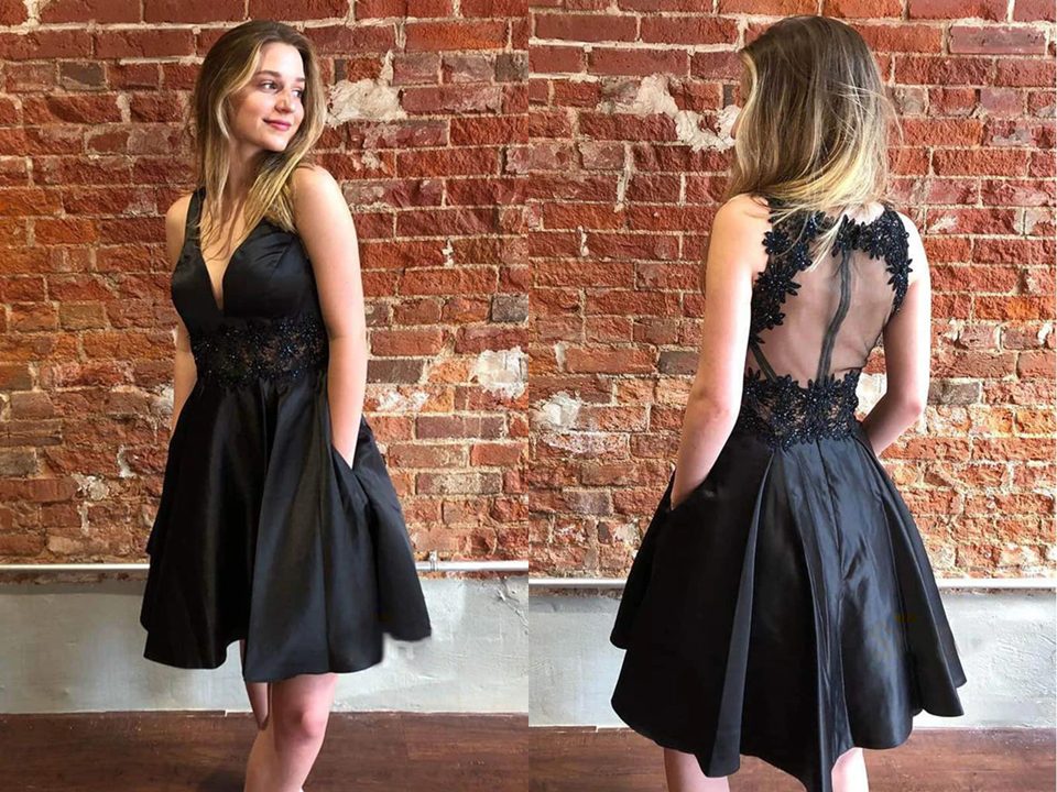 A Line Black Short Satin Homecoming Dress Online, Short Prom Dress KPH0575