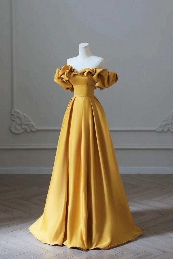 Yellow Satin Long Prom Dress, Simple Off Shoulder Evening Party Dress KPP1751