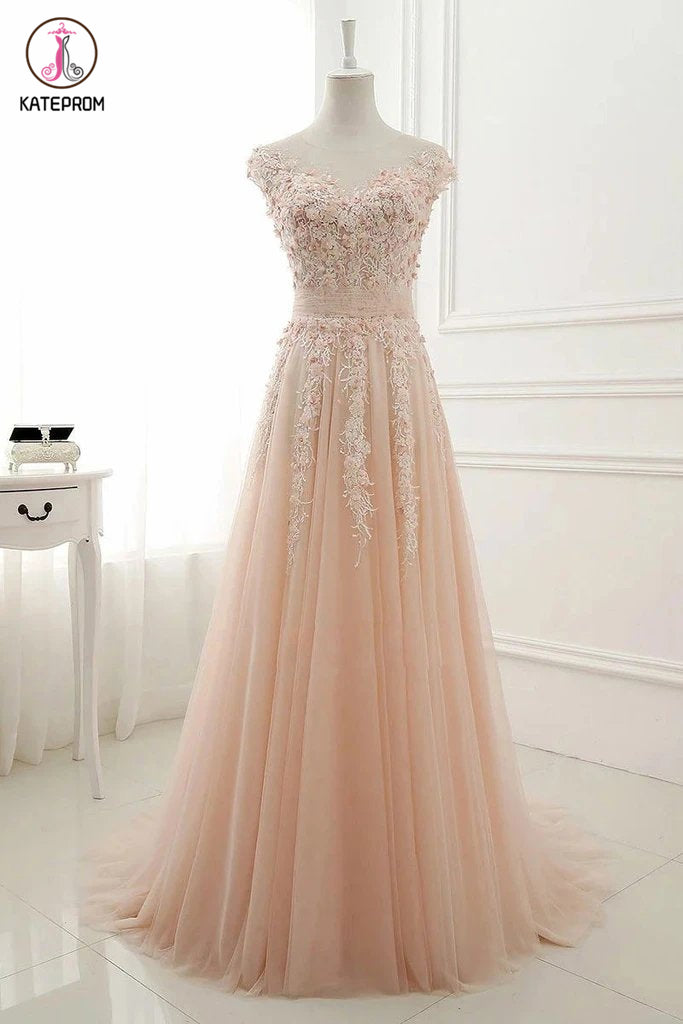 A Line Sheer Neck Cap Sleeves Tulle Prom Dresses, Lace Appliqued Long Formal Dresses KPP1286