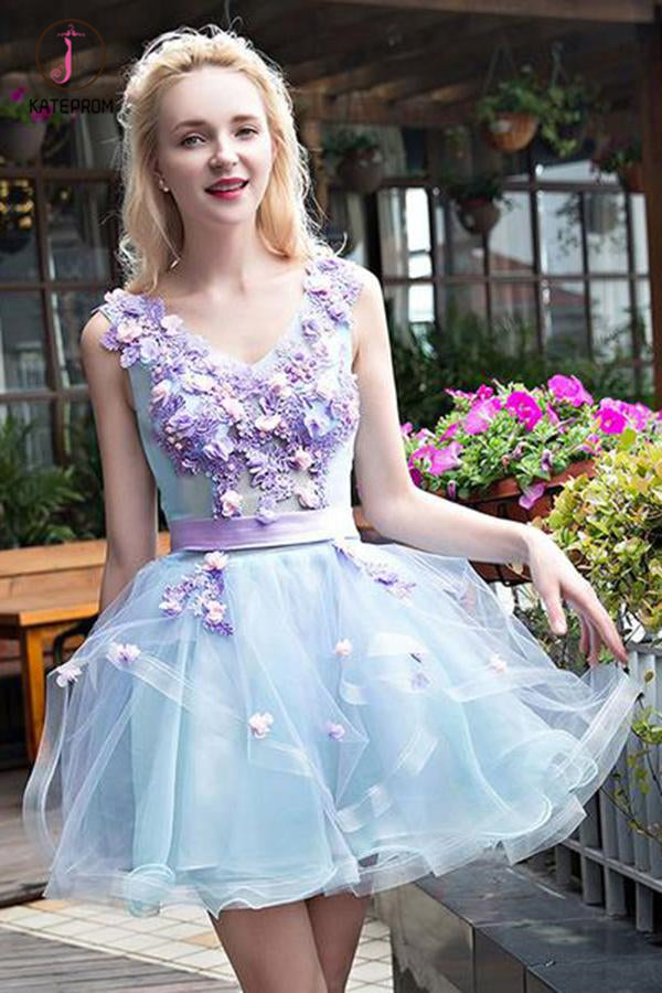 Stylish Light Blue Tulle Short Homecoming Dress with Lilac Appliques, Sweet 16 Dress KPH0331