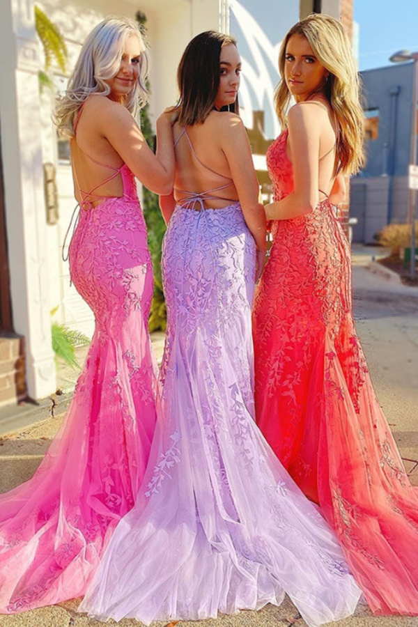 Tulle Mermaid Spaghetti Straps Backless Prom Dress With Lace Appliques KPP1390