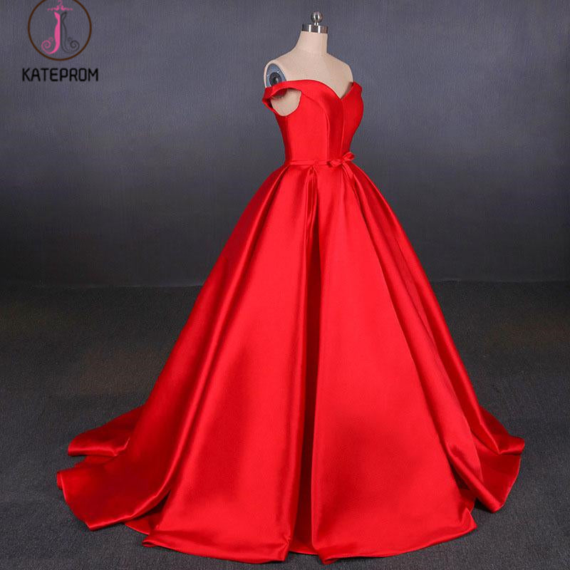 Puffy Off the Shoulder Red Satin Prom Dress, A Line Party Dress with Belt KPP1096