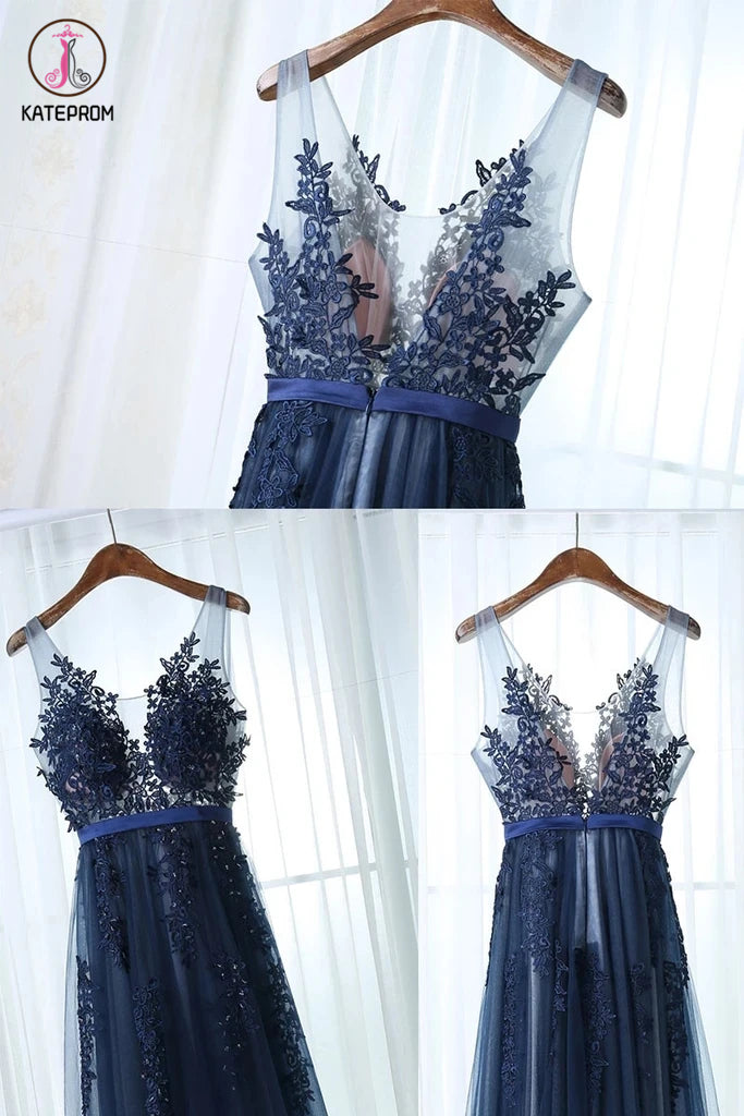 Dark Blue A Line Tulle Prom Dress with V Back, Floor Length Sleeveless Dress with Appliques KPP1306