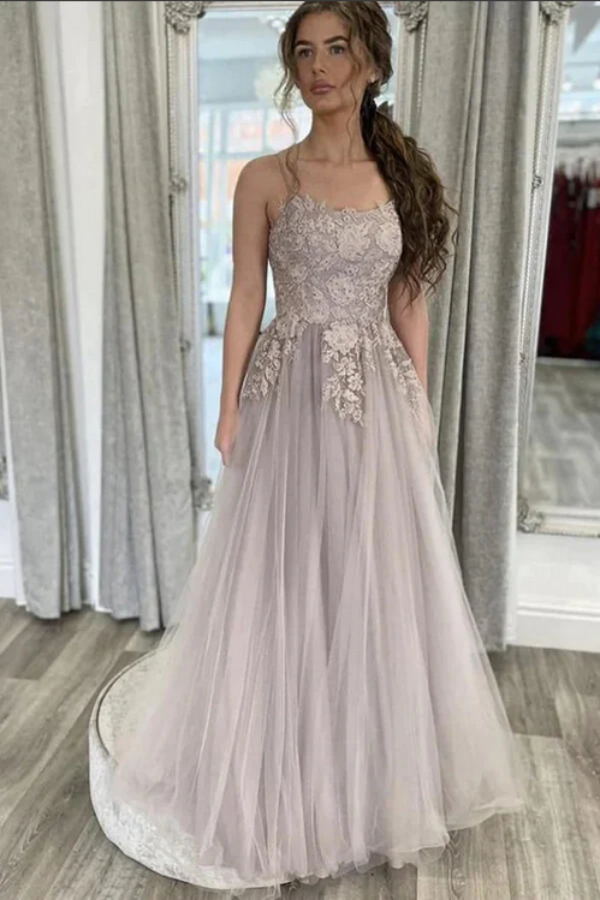 Tulle A Line Floor Length Prom Dresses With Lace Appliques, Evening Gown KPP1683