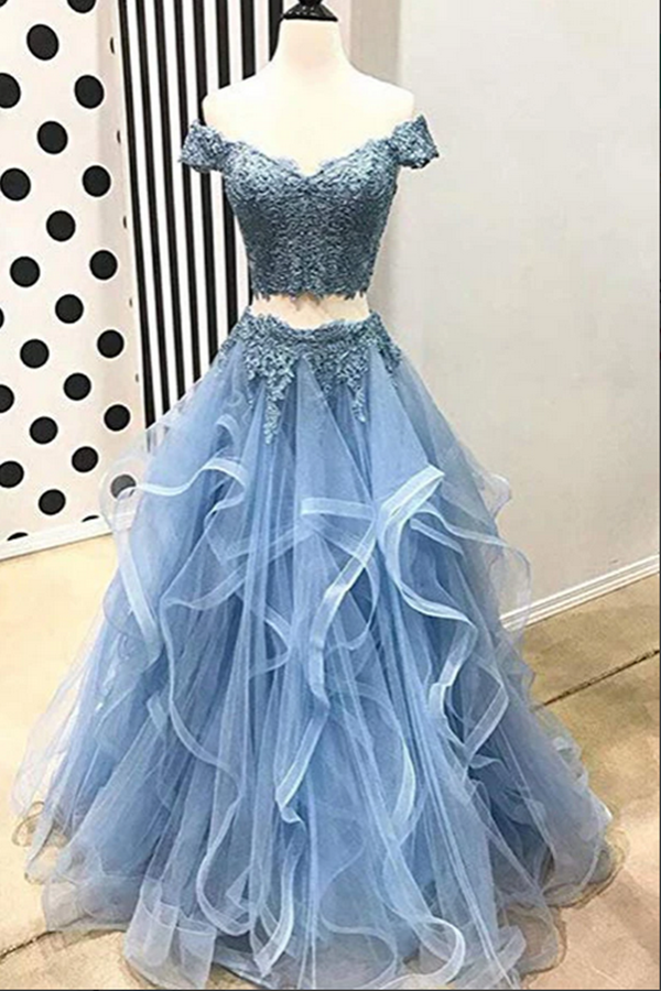 Blue Tulle Off Shoulder Two Piece Prom Dresses Lace Formal Dresses KPP1399