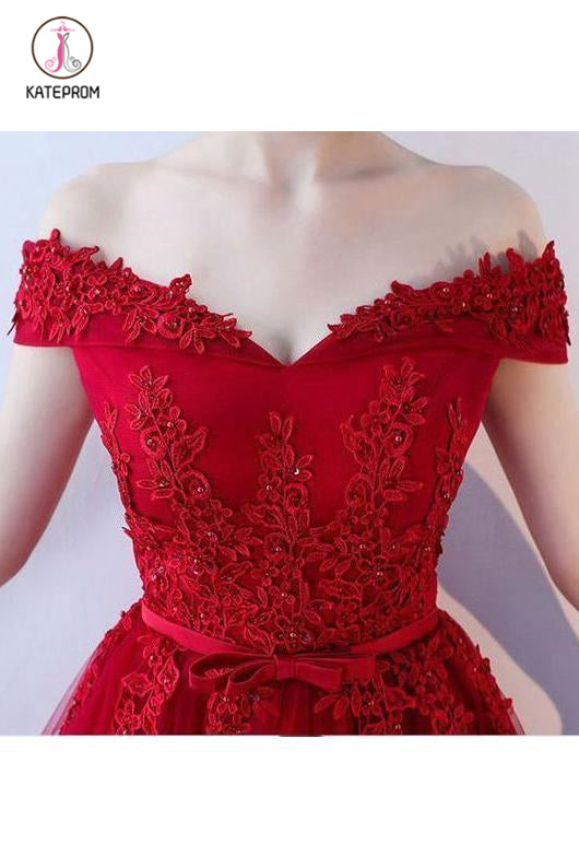 Red Off Shoulder Tulle Short Homecoming Dresses, Appliqued Simple Party Dresses KPH0325