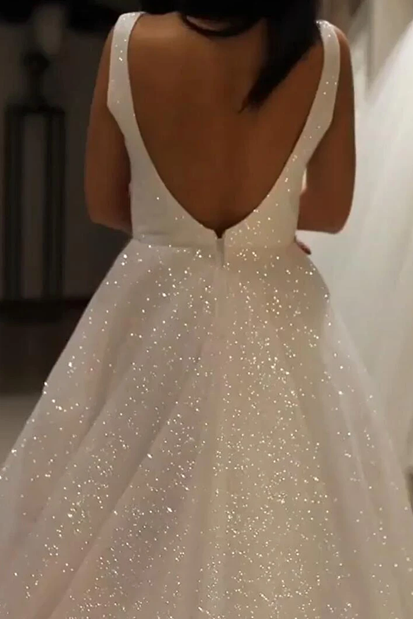 Sparkly V Neck Backless Wedding Gown, Sequins Prom Dress On Sale KPW0694