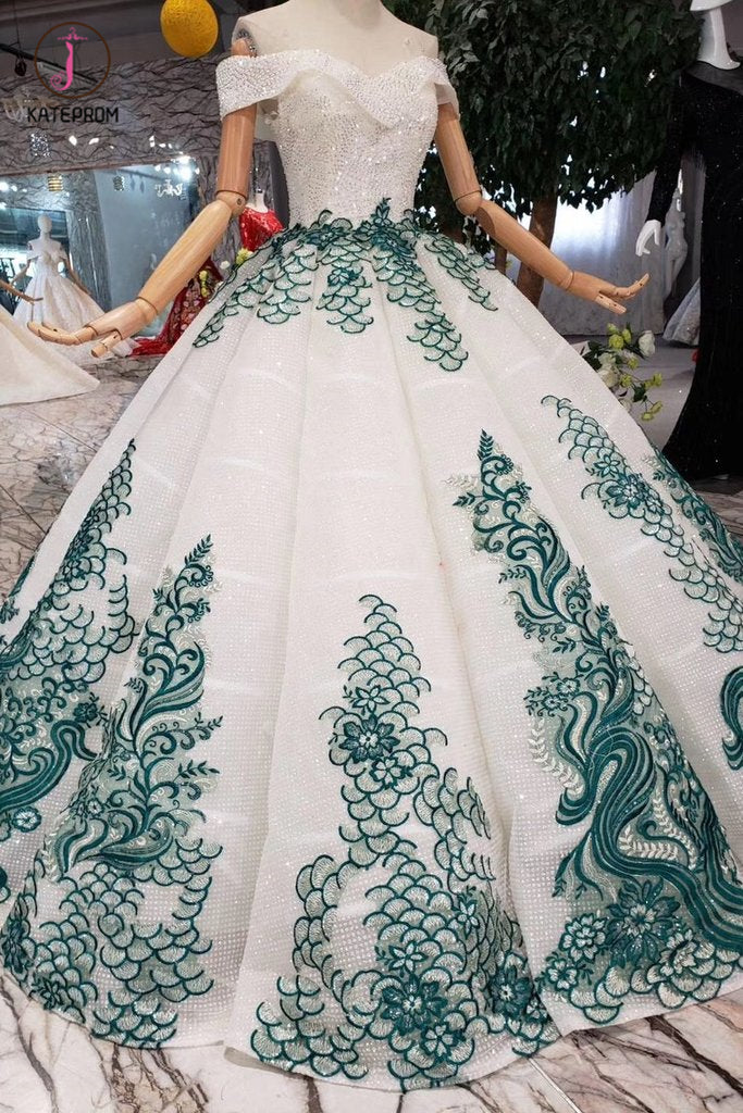 New Arrival Ball Gown Off the Shoulder Prom Dress with Green Appliques, Quinceanera Dress KPP0861