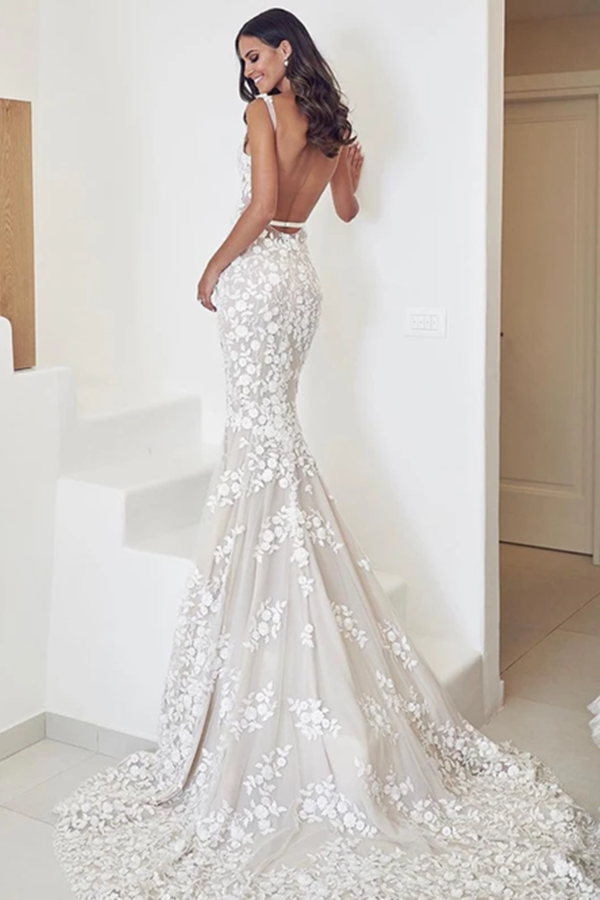 Spaghetti Straps Mermaid Wedding Dresses Lace Appliqued Gowns KPW0656